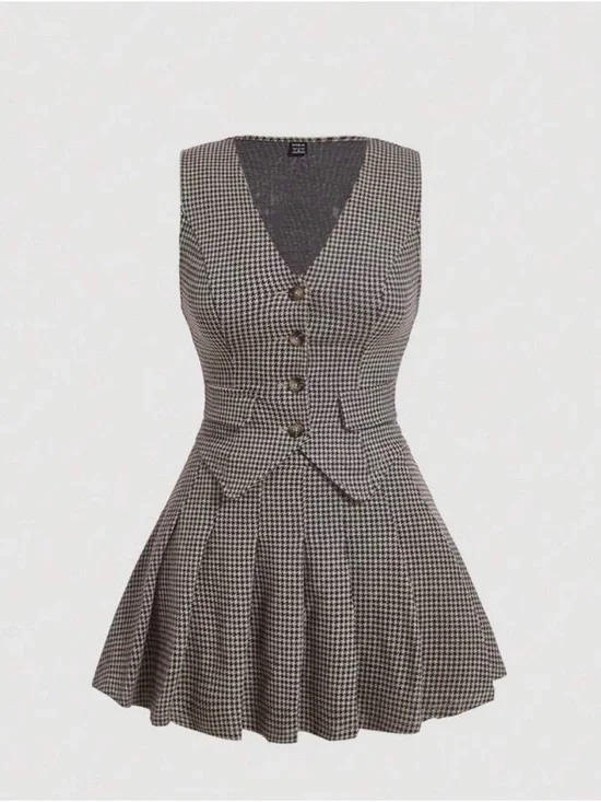 SHEIN Black & White Houndstooth Vest Skirt Set - Picture 1 of 3